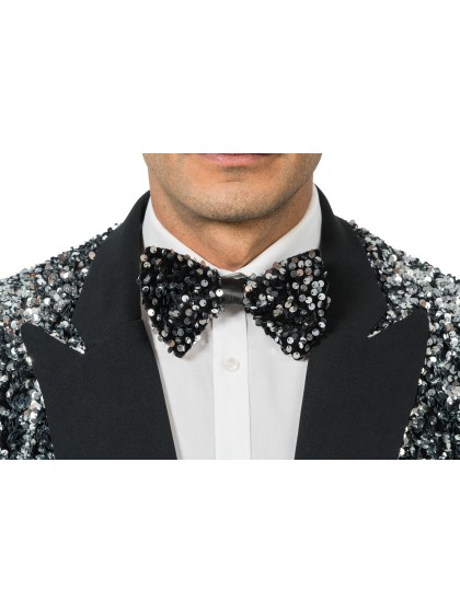 NOEUD PAPILLON VELOURS NOIR ET SEQUINS ARGENT 15CM X 8CM