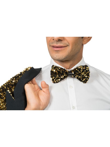 BLACK VELVET BOW TIE WITH GOLDEN SEQUINS 15CM X 8CM