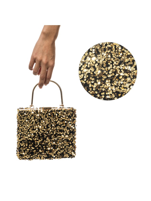 SAC VELOURS NOIR ET SEQUINS OR 18CM X 4.5CM X 25CM