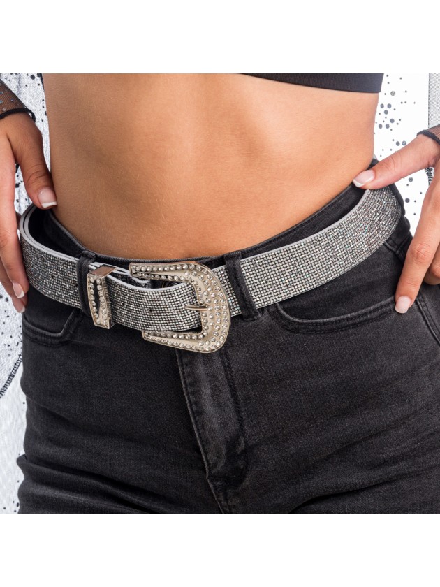 SHINY EFFECT BLACK BELT WITH RHINESTONES BUCKLE 