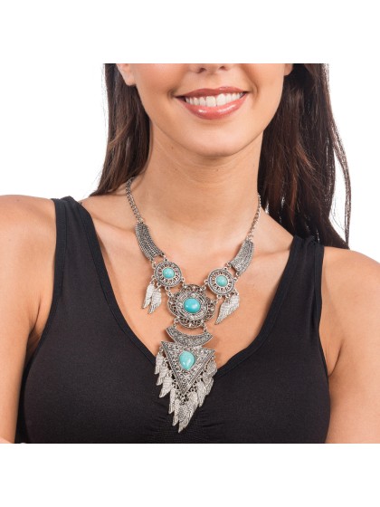COLLIER DE FESTIVAL BOHEME ETHNIQUE PERLES BLEUES 