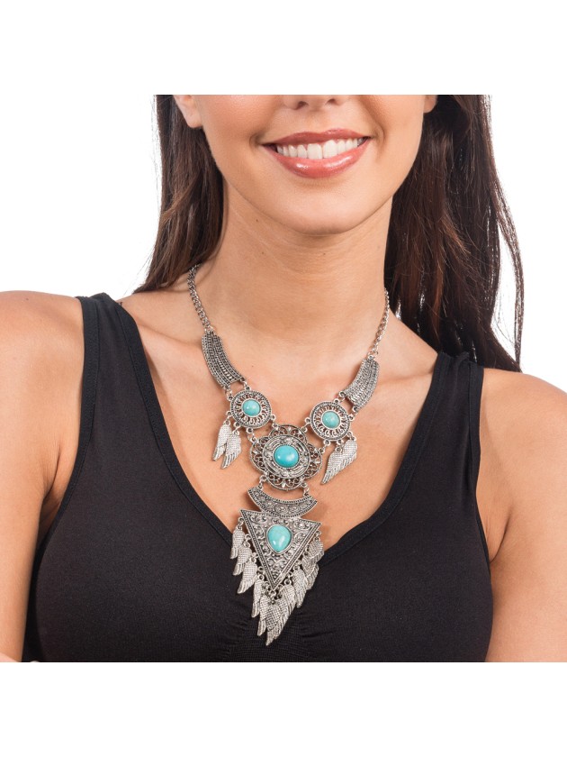 COLLIER DE FESTIVAL BOHEME ETHNIQUE PERLES BLEUES 