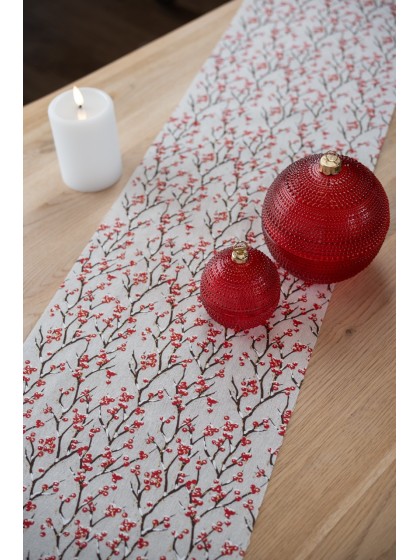 SNOWY RED BERRIES FABRIC TABLE RUNNER 28CM X 3M