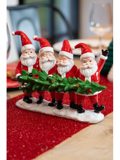 RESIN TABLE CENTER 4 SANTAS HOLDING A TREE 29CM X 9CM X 19.5CM
