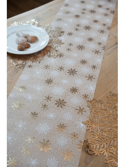 WHITE/GOLD SNOW MIST TABLE RUNNER 28CM X 3M