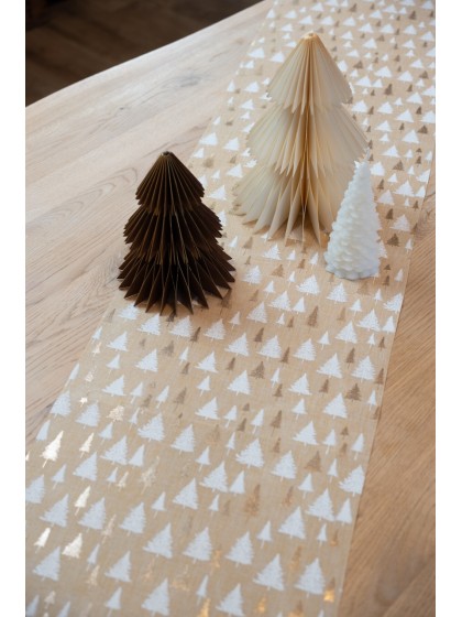 WHITE/GOLD TREE GROVE TABLE RUNNER 28CM X 3M