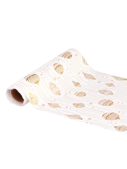 WHITE/GOLD XMAS ORNAMEMENTS TABLE RUNNER 28CM X 3M