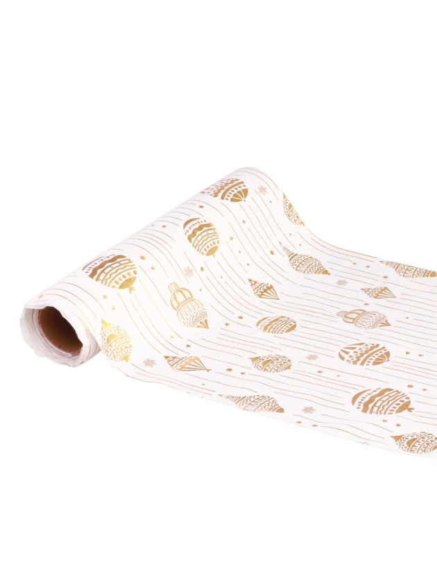 WHITE/GOLD XMAS ORNAMEMENTS TABLE RUNNER 28CM X 3M