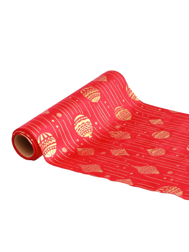 RED/GOLD XMAS ORNAMEMENTS TABLE RUNNER 28CM X 3M