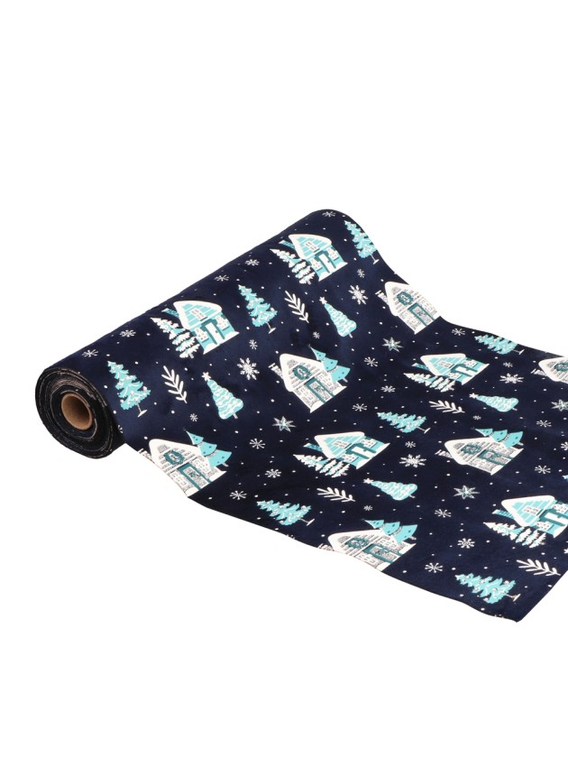 SILVER TINY HOUSES SKY BLUE TABLE RUNNER 28CM X 3M