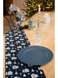 TISCHLÄUFER SAMT BLAU CELESTE TINY HOUSES SILBER 28CM X 3M