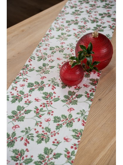 GOLD MISTLETOE WHITE VELVET TABLE RUNNER 28CM X 3M
