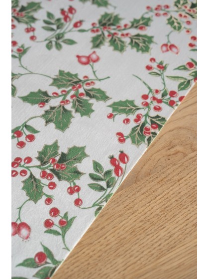 TISCHLÄUFER SAMT WEISS MISTLETOE GOLD 28CM X 3M