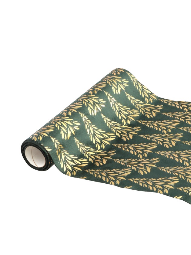 GREEN/GOLD TREE SYMPHONY VELVET TABLE RUNNER 28CM X 3M