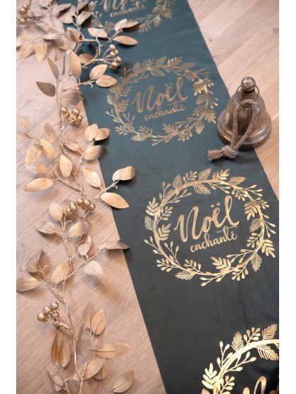 CHEMIN DE TABLE VELOURS VERT FONCE NOEL ENCHANTE OR 28CM X 3M