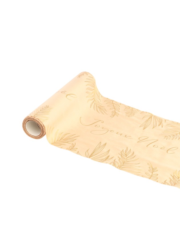 CHEMIN DE TABLE VELOURS CAMEL JOYEUX NOEL FEUILLAGES OR 28CM X 3M