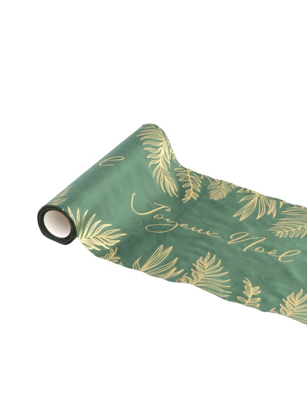 GOLDEN LEAVES JOYEUX NOEL GREEN VELVET TABLE RUNNER 28CM X 3M