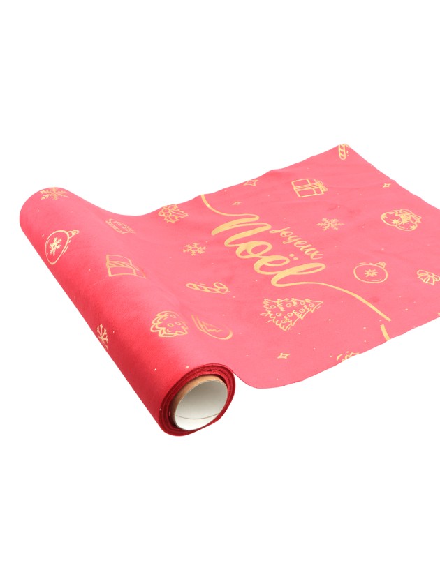 GOLDEN JOYEUX NOEL RED VELVET TABLE RUNNER 28CM X 3M