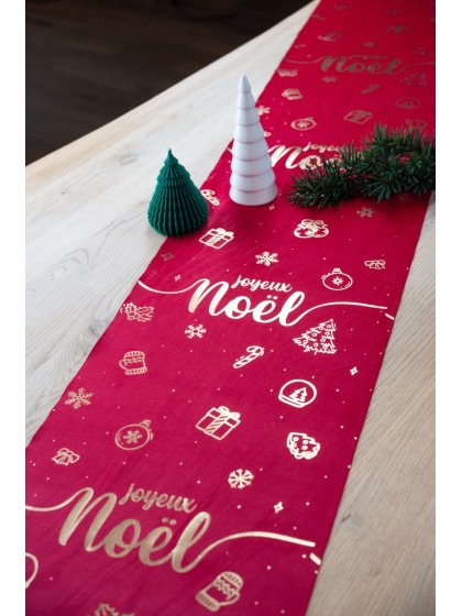 CHEMIN DE TABLE VELOURS ROUGE JOYEUX NOEL OR 28CM X 3M
