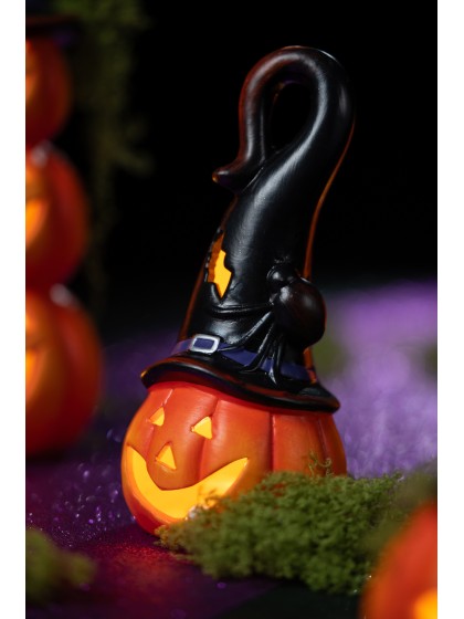 PUMPKIN WITH POINTED HAT SPIDER AND LED LIGHT DIA 7.5CM X 17CM