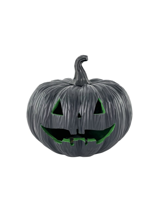 BLACK AND GREEN POLYRESIN PUMPKIN WITH LED LIGHT DIA 23CM X 21CM