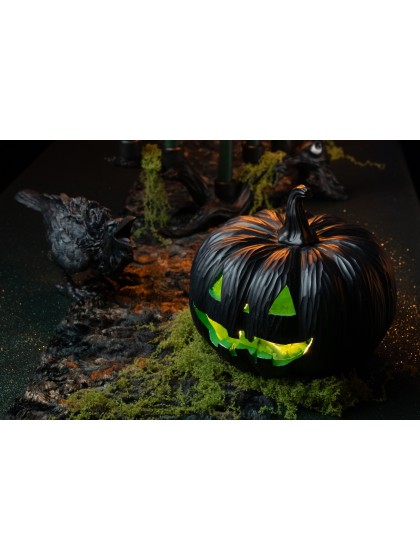 BLACK AND GREEN POLYRESIN PUMPKIN WITH LED LIGHT DIA 23CM X 21CM