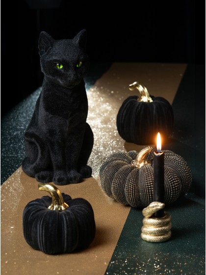 BLACK FLOCKED CAT 16CM X 22CM X 34.5CM