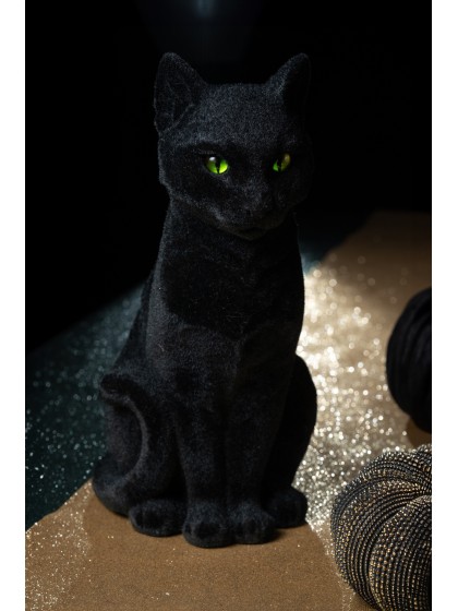 BLACK FLOCKED CAT 16CM X 22CM X 34.5CM