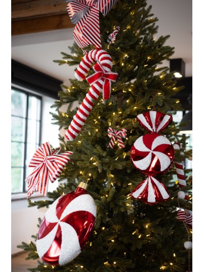 FUR CANDY CANE W/ BOW AND BELL CANDY STRIPES TO HANG 25CM X 6CM X 50CM