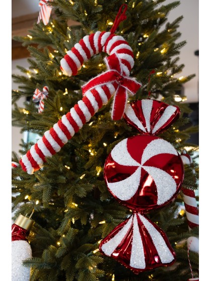 CANDY CANE FOURRURE AV NOEUD ET GRELOT CANDY STRIPES A SUSPENDRE 25CM X 6CM X 50CM