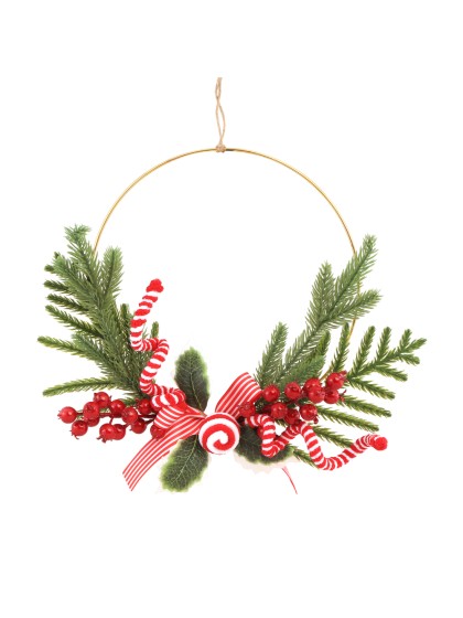 METAL WREATH BRANCHES RED BERRIES CANDY STRIPES TO HANG DIA 30CM X 5CM