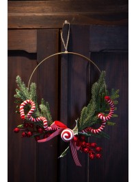 COURONNE METAL BRANCHAGE BAIES ROUGES CANDY STRIPES A SUSPENDRE DIA 30CM X 5CM