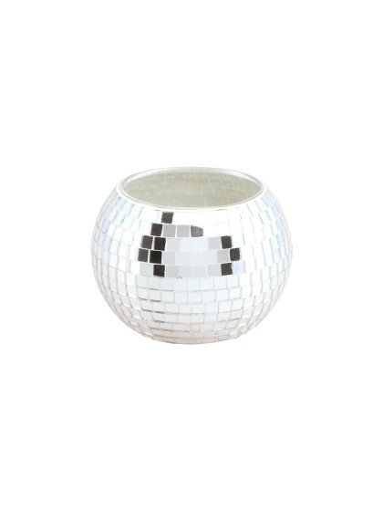 SILVER PARTY BALL STYLE GLASS CANDLEHOLDER DIA 8CM X 7CM