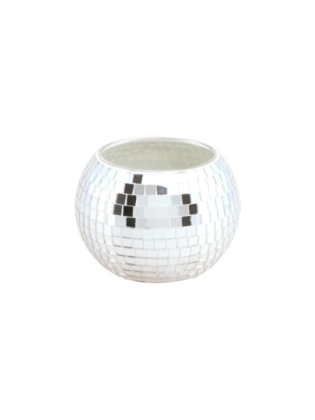 SILVER PARTY BALL STYLE GLASS CANDLEHOLDER DIA 8CM X 7CM