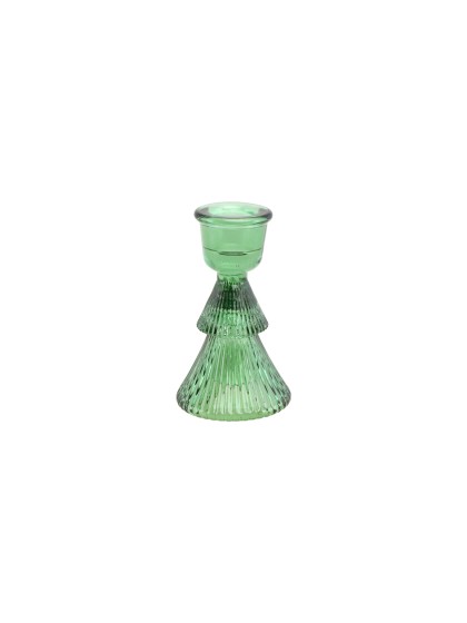 GREEN GLASS TAPER CANDLEHOLDER TREE SHAPE DIA 6CM X 10CM