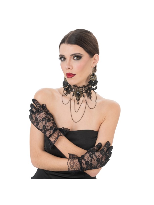 BLACK LACE NECKLACE EARINGS AND GLOVES 
