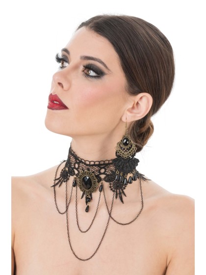 BLACK LACE NECKLACE EARINGS AND GLOVES 