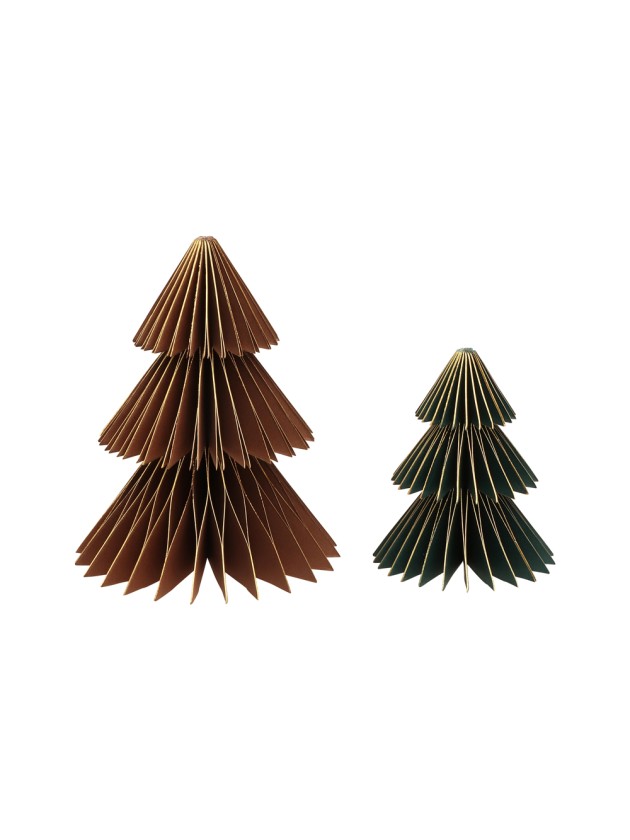 2 PAPER HONEYCOMB XMAS TREES GREEN/BROWN W/ GOLD BORDER DIA 12CM X 15CM / DIA 8CM X 10CM