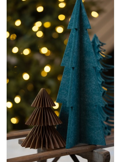 2 PAPER HONEYCOMB XMAS TREES GREEN/BROWN W/ GOLD BORDER DIA 12CM X 15CM / DIA 8CM X 10CM