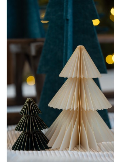 2 PAPER HONEYCOMB XMAS TREES GREEN/BROWN W/ GOLD BORDER DIA 12CM X 15CM / DIA 8CM X 10CM