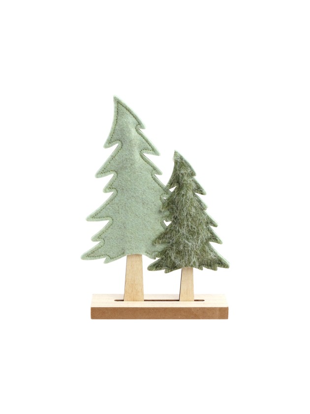 2 SAPINS FEUTRINE VERT SUR SUPPORT BOIS 13CM X 4CM X 21CM