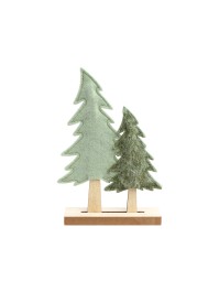 2 GREEN FELT XMAS TREES ON WOODEN BASE 13CM X 4CM X 21CM
