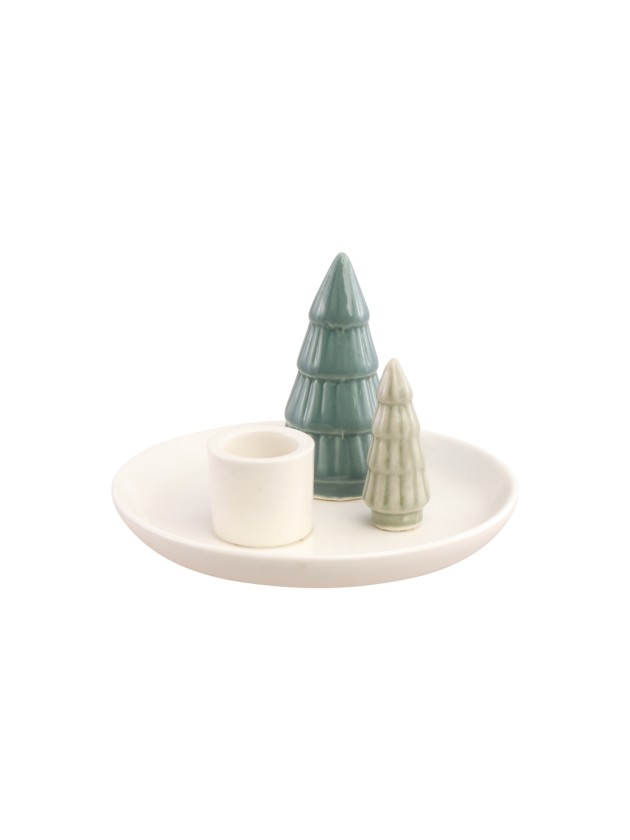 TAPER CANDLE HOLDER WITH GREEN TREES ON WHITE CERAMIC BASE DIA 13CM X 8.5CM
