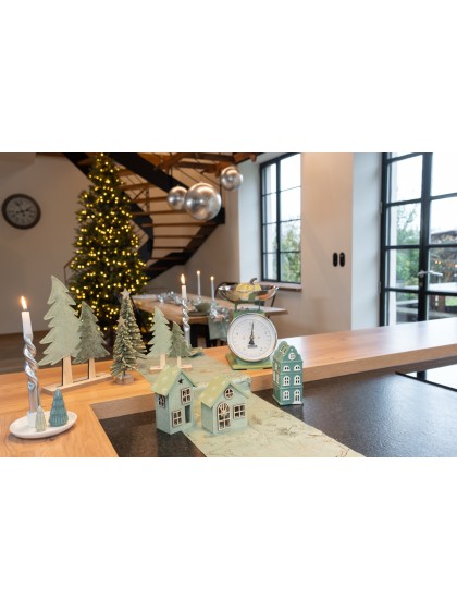 TAPER CANDLE HOLDER WITH GREEN TREES ON WHITE CERAMIC BASE DIA 13CM X 8.5CM