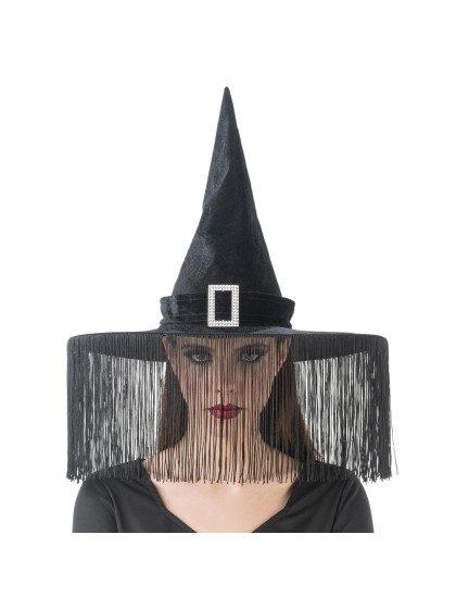 BLACK VELVET WITCH HAT WITH FRINGES DIA 43CM X 33CM