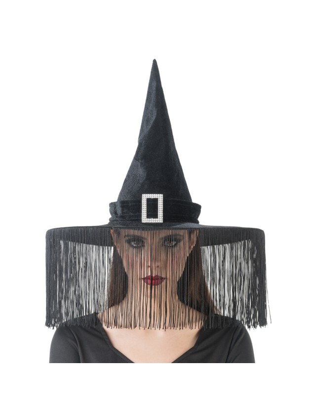 BLACK VELVET WITCH HAT WITH FRINGES DIA 43CM X 33CM