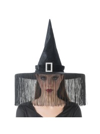CHAPEAU SORCIERE VELOURS NOIR AVEC FRANGES DIA 43CM X 33CM