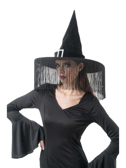 BLACK VELVET WITCH HAT WITH FRINGES DIA 43CM X 33CM