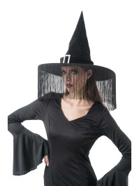 BLACK VELVET WITCH HAT WITH FRINGES DIA 43CM X 33CM