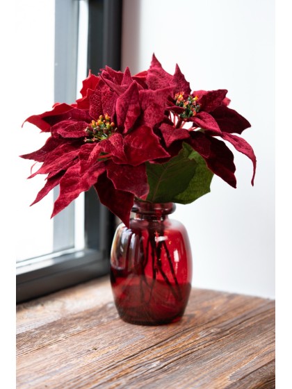 RED/BURGUNDY VELVET POINSETTIA STEM 2 ASS DIA 24CM X 53CM